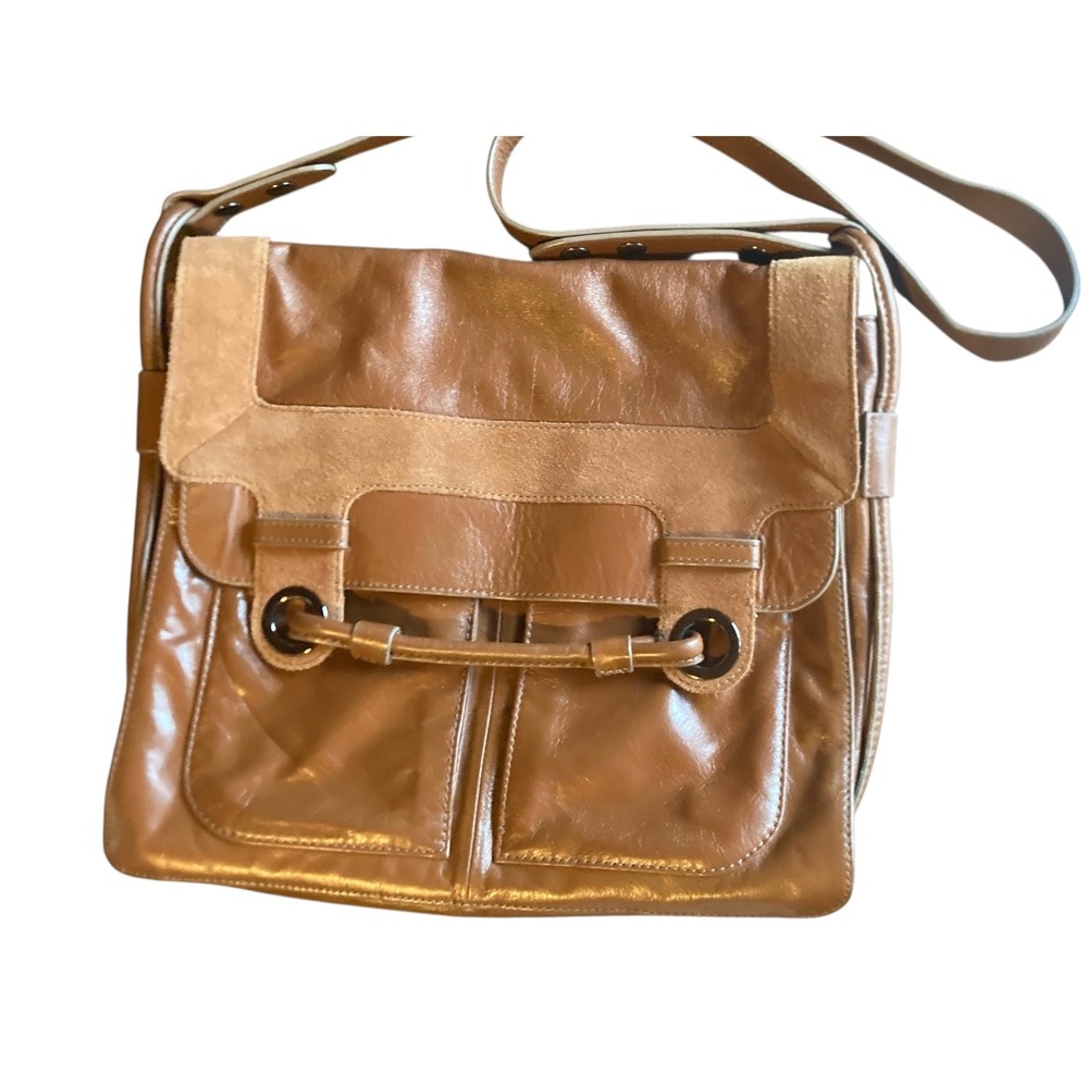 Mimco Tan Leather Messenger Bag Crossbody Suede Trim Striped Lining Brown